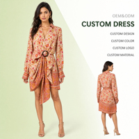 Robe chemise à imprimé floral bohème pour femmes, col en V, manches longues, robe décontractée avec ceinture à nouer, service personnalisé, fabricant Chine