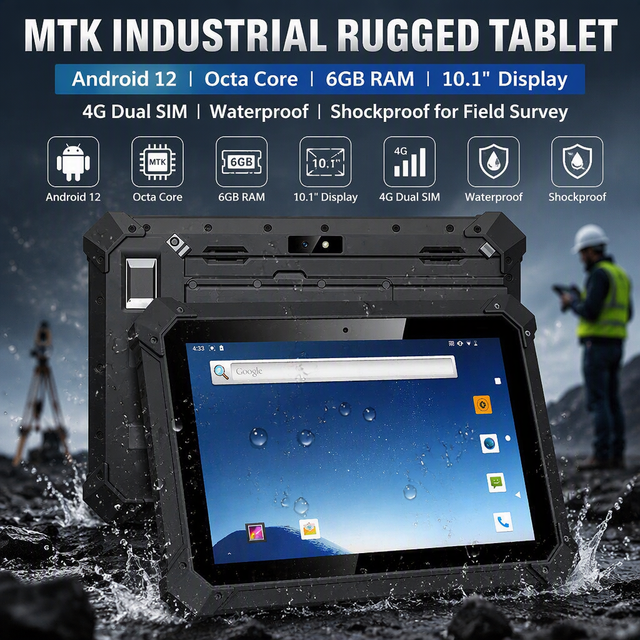 MTK Industrial Rugged Tablet Android 12 Octa Core 6GB RAM 10.1" Display 4G Dual SIM Waterproof Shockproof for Field Survey
