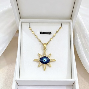 Kadınlar için Mavi Madalyon Kolye Altın Kaplama Zirkon Madeni Para Kolye Ucu Göz Şekli Budizm Yıldönümü - Product Image 4