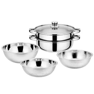 ต่ำราคาถูกชุดเครื่องครัวสแตนเลสเหนี่ยวนำ Steamer หม้อ3Pcs Colander Strainer คอนเทนเนอร์และหม้อชุด