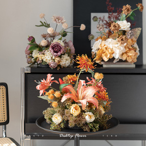 Arrangement floral artificiel de luxe en soie, thème automne, lys et roses, centre de table pour dîners/banquets et fêtes d'anniversaire - Product Image 1