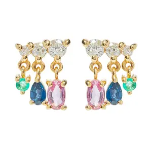14k 18k Gold Plated 925 Sterling Silver Trendy Multi Color Crystal Rainbow Stone Stacking Dangle Cut Hawaiian Earrings