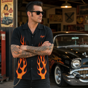 Chemise de bowling personnalisée Hot Rod avec motif flamme, style rétro années 50 Rockabilly, boutonnée, manches courtes, logo brodé pour club automobile, OEM - Product Image 2