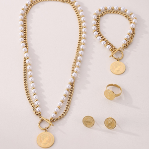 <span class=keywords><strong>Reine</strong></span> <span class=keywords><strong>Elizabeth</strong></span> Ii pendentif femmes ensemble de bijoux Vintage en acier inoxydable Double couche perle pièce boucles d'oreilles anneau collier Bracelet ensemble - Product Image 3
