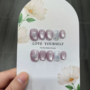 <span class=keywords><strong>Uñas</strong></span> Postizas Hechas a Mano, Diseño de Cobertura Completa, Acrílicas, Forma Almendrada, Cortas, Ovaladas, Cristal de Hielo, <span class=keywords><strong>Rosa</strong></span>, Ojo de Gato, Flor de Melocotón, Largas, para Uso Diario - Product Image 2