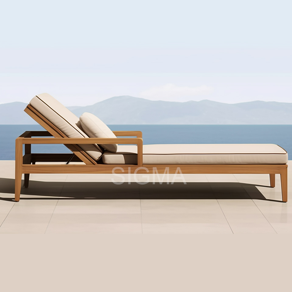 New Arrival Patio garden Pool Sun Furniture Set Solid Wood Teak Outdoor Chaise Lounge Chair Soft Waterproof Cushion