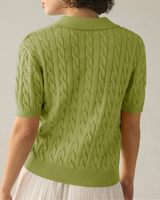 Kemeja Pullover lembut wanita, atasan sweater kabel lengan pendek kerah V padat