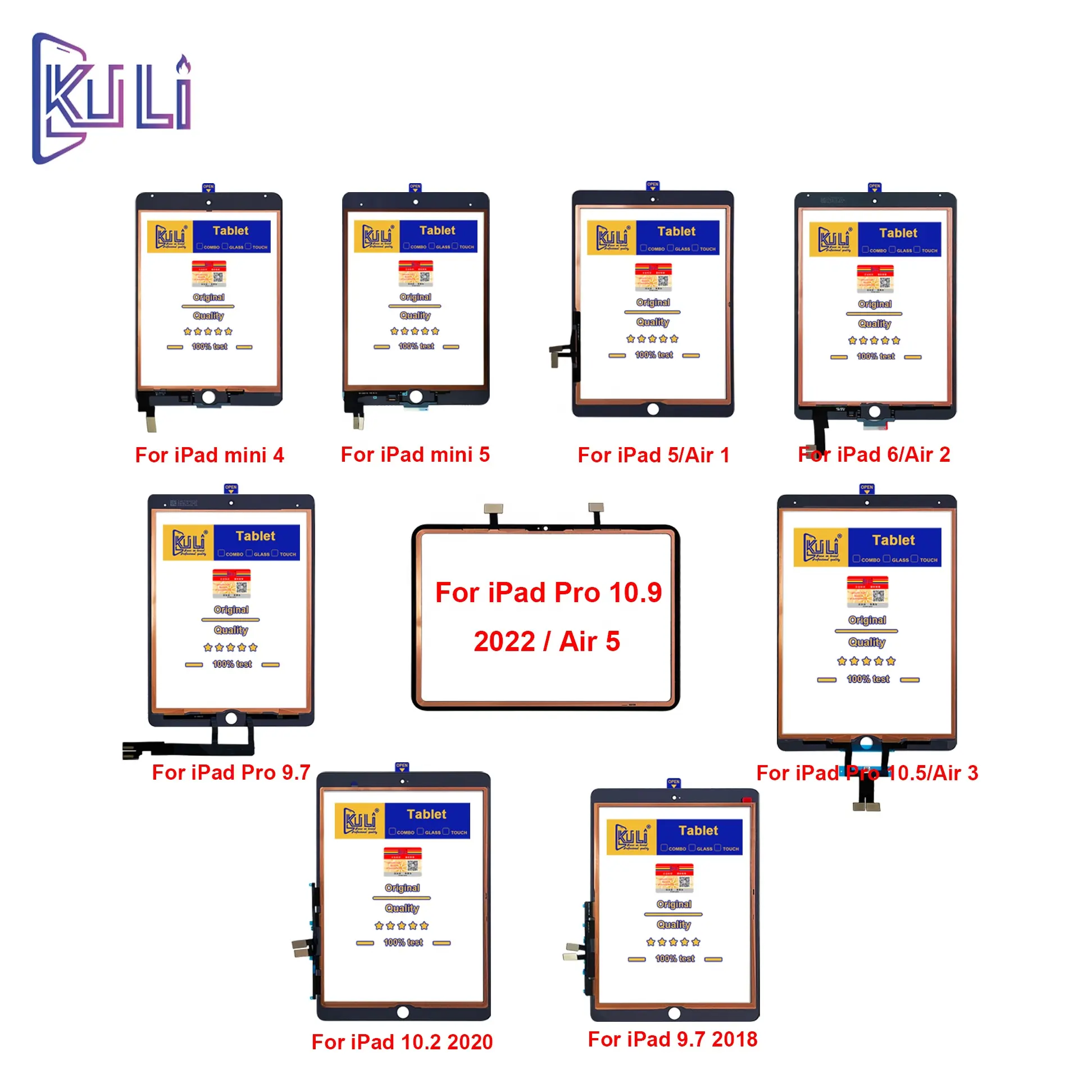 KULI 오리지널 올 구리 터치 OCA 유리 디스플레이 화면 iPad Pro 미니 에어 시리즈 모바일 평면 패널 LCD 터치 OCA 디지타이저