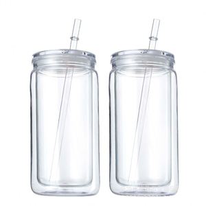 Gobelet double paroi 16oz en PC, écologique, type Mason, transparent avec paille, résistant aux chutes, motif imprimable - Product Image 1