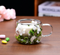 Mug en verre borosilicate soufflé à la main à double paroi avec intercouche de fleurs séchées, résistant à la chaleur, 130 ml, anti-fuite