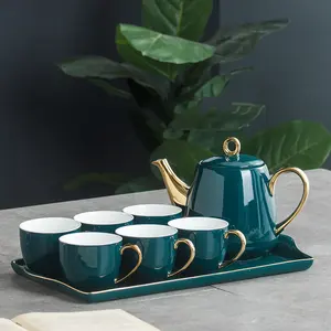 Amazon Bán Chạy Nhất Phong Cách Cổ Điển Màu Xanh Lá Cây Buổi Chiều Bộ Trà Vàng Rim Dinner Ware Sets