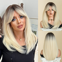 Perruque synthétique de 22 pouces, ombrée, racine foncée à blond platine, lisse mi-longue avec frange rideau, en fibre résistante à la chaleur, aspect naturel
