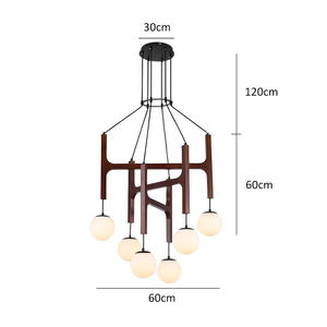 Lustre moderne en bois à 6 globes LED, luminaire suspendu à hauteur réglable <span class=keywords><strong>pour</strong></span> salon et salle à manger - Product Image 5