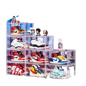 Fashion Acrylic Plastic Magnetic Side Open Stackable Folding Clear Display Shoe Storage Box For Organizer Basketball Sports Shoe
