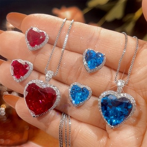 Valentine's Day Jewelry Eco-friendly Copper 15*15MM Heart Cut Cubic Zircon Imitation Blue Crystal Heart Jewelry Set for Women Tu - Product Image 1