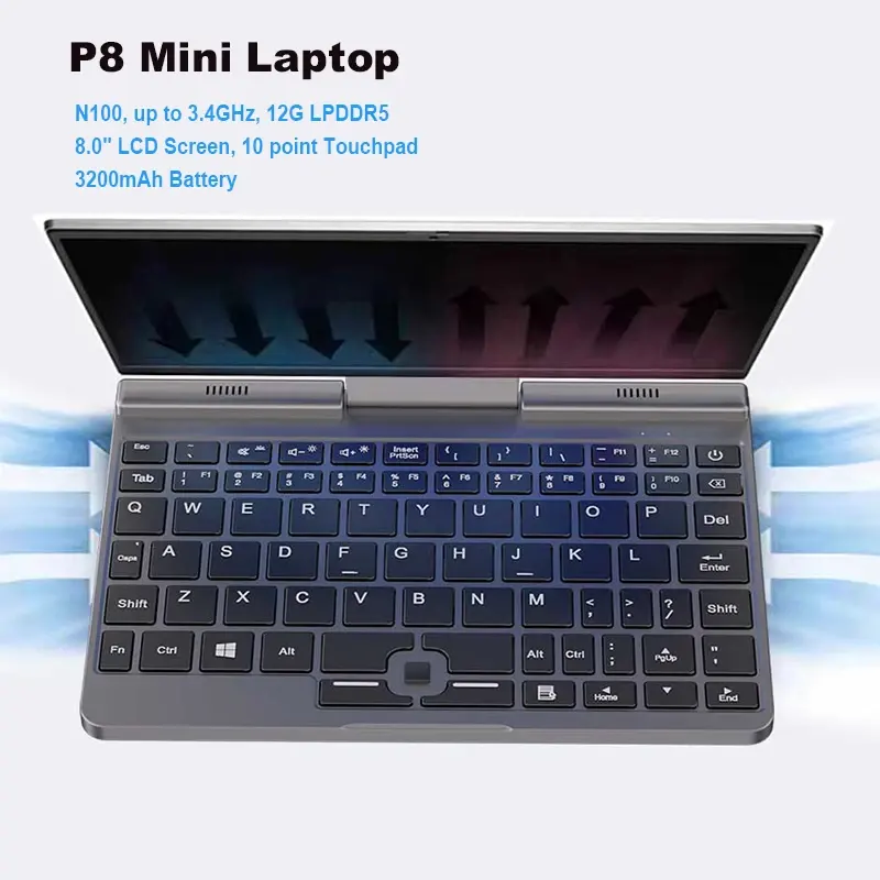 P8 포켓 노트북 8 인치 터치 스크린 N100 미니 노트북 3200mAh 배터리 12G DDR5 PC 4.0 윈도우 11 WiFi6 BT5.2 컴퓨터 미니 PC