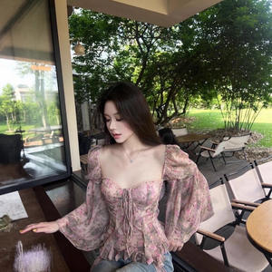 Chemisier Chic à Imprimé Floral et Manches Ballon pour Femme, en Chiffon Transparent Superposé, Style Vintage, à Nouer, Coupe Ajustée, Élastique, pour Usage Quotidien 2025 - Product Image 5