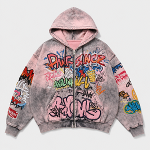 Sweat à capuche zippé personnalisé style graffiti, streetwear, effet délavé, coupe oversize, broderie imprimée, 100% coton, automne, fabrication OEM - Product Image 5