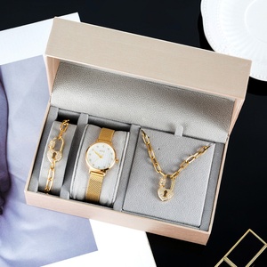 Conjunto de Reloj de Cuarzo para Mujer con Brazalete y Collar, Tono Dorado, Correa de Malla, Colgante de Candado, Cadena de Clip, Caja de Regalo, Resistente al Agua, Navidad - Product Image 1