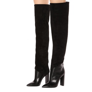 Bottes hautes pour femmes en cuir et daim patchwork, taille 46, talon bloc, bout pointu, style longues bottines - Product Image 5