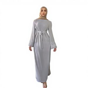Light Grey Embroidered Sleeve Breathable Ankle Length <b>Abaya</b> Belted High Waist Tunic Modest Dress with Pockets for Muslim Women - Product Image 5
