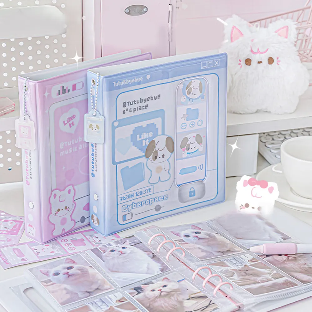 Cute Puppy Kitten 4 Grid Photocard Holder Binder 160 Pockets Photo Album Kpop Idols Cards Holder Loose-Leaf Photo Collect Book