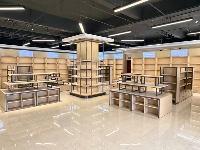 Supermarket Display Cases Ladder Shelf Varnished Finish Eco-Friendly Durable Heavy Duty Wooden Retail Store Cabinet Shelves