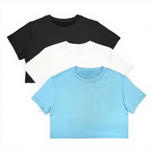Camiseta Corta para Mujer, Color Sólido, Cuello Redondo, Manga Corta, Informal, Tejida, Corte Regular, para Todas las Temporadas, Azul Claro, Blanco, Negro - Product Image 1