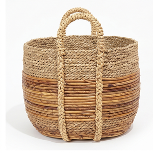 <b>Large</b> Round Two-Tone Wicker Storage <b>Basket</b> with Handles, Handwoven Natural Seagrass Laundry Hamper and Blanket Bin - Product Image 3