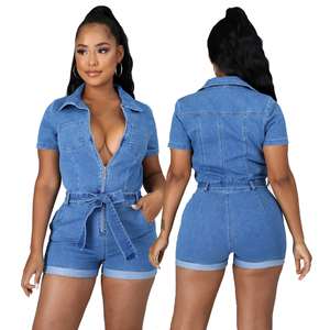 Bestseller SMR9715 Combinaison courte en jean pour femme, manches courtes, une pièce, avec ceinture, tendance été - Product Image 3