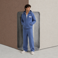 Ensemble jogging en laine mélangée bleue avec logo jacquard sur le devant, personnalisé, streetwear d'hiver pour hommes