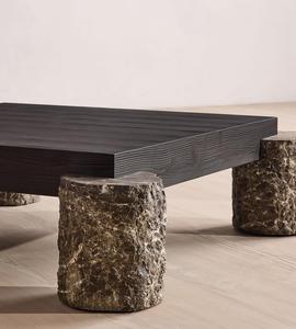 Mesa de Centro Cuadrada Personalizada con Tapa de Madera Oscura, Patas Cilíndricas de Piedra Natural Rústica, Estilo Wabi Sabi para Sala de Estar - Product Image 3