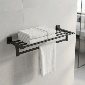 Porte-serviettes mural noir à double couche en acier inoxydable, étagère de rangement avec 4 barres, design minimaliste pour salle de bain - Product Image 1
