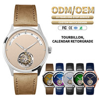 Montre mécanique personnalisée OEM ODM avec logo, mouvement Miyota 8215, tourbillon automatique, date rétrograde, verre saphir, bracelet en cuir