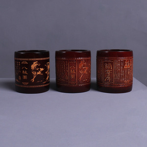 Bamboo Pen Holder Carved Lanting Preface Eight Horses Round Chinese Style Craft Artwork For Calligraphy Writing - Product Image 1
