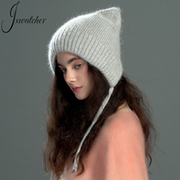Jxwatcher Bonnet en tricot de cachemire long et chaud pour l'hiver, avec oreilles de chat mignonnes, double couche épaisse et douce, vente en gros, bonnet au crochet pour femme