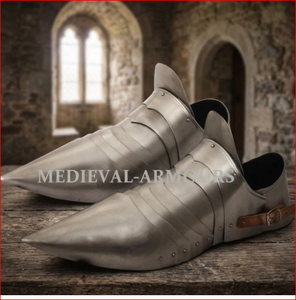 Chaussures d'armure de chevalier médiéval en acier poli argenté, bottes gothiques pour costume, chaussures de reconstitution historique pour hommes adultes - Product Image 5