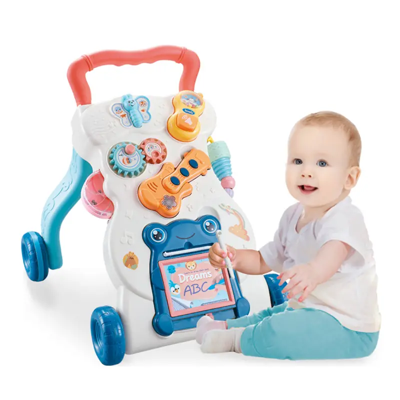 Andador de bebé 2 en 1, mesa de aprendizaje, caja de color rosa y azul, bonito Andador de bebé con música y luz
