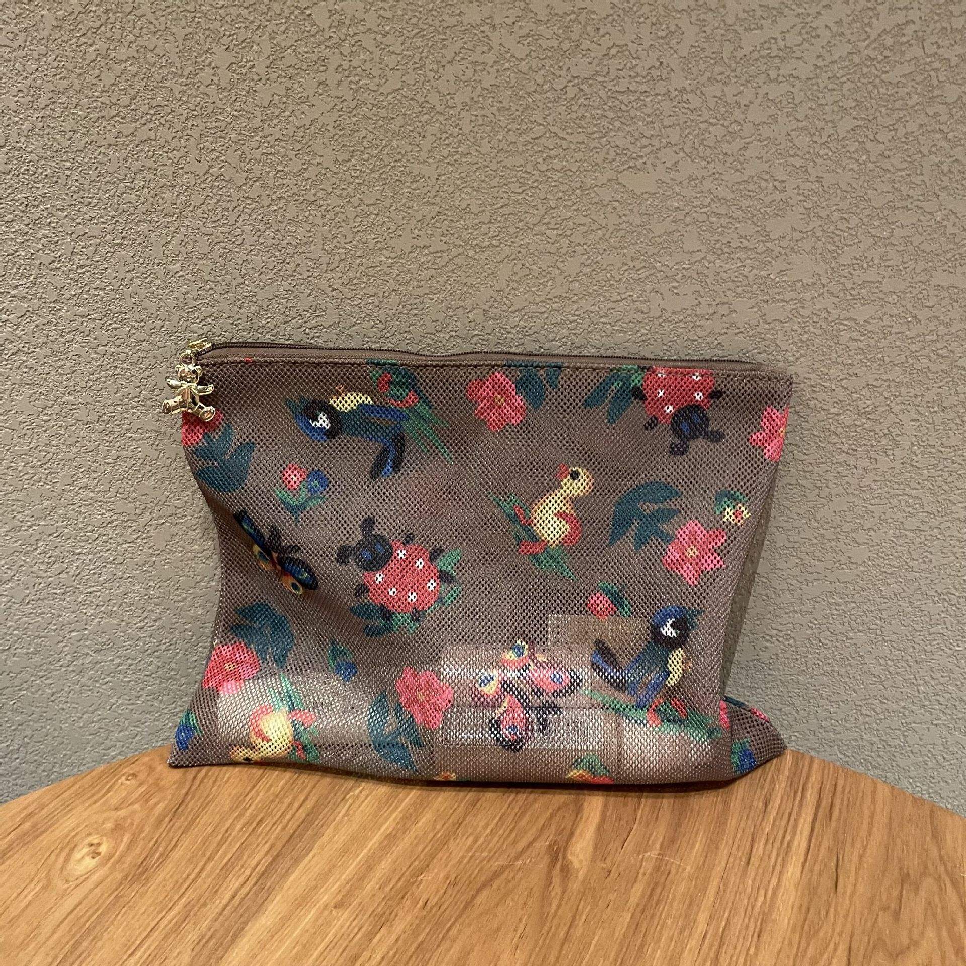 Sac en maille motif floral coccinelle kaki et oiseaux - Prévente