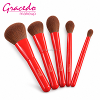 Set Kuas Makeup Profesional Merah Ramah Perjalanan untuk Kolaborasi Merek, 5 Buah Kuas Nilon Gagang Kayu untuk Wajah