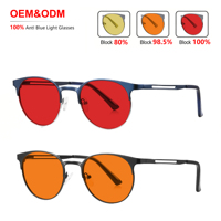 Lunettes d'ordinateur rétro unisexe légères 18g en métal, monture semi-cerclée, verres PC orange anti-lumière bleue, branches TR