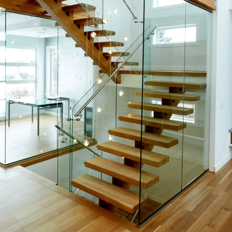 טרומי יוקרה מקורה מתכת עץ מדרגות מודרני מותאם אישית מונו סטרינגר ישר מדרגות עיצוב עבור זכוכית מעקה