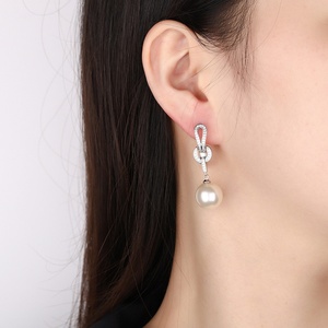 Fashion Jewelry Eco-friendly Copper <b>Silver</b> Plated 14mm Shell Pearl <b>Long</b> Drop <b>Earrings</b> for Women Refined Daily Wear - Product Image 6