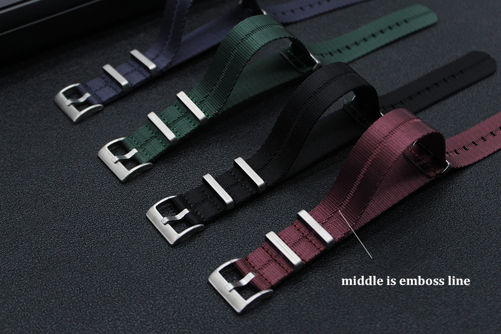 Luxury Single Pass Custom Engraved Emboss Stripe Fabric Watch Bracelet 18mm 20mm 22mm Solid Color Seatbelt Nylon Strap