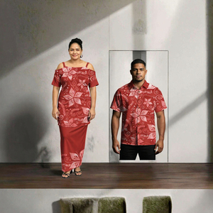 Conjuntos de Vestidos Puletasi con Estampado Floral Samoano para Parejas, Camisas Aloha con Botones de Coco, Estilo Tribal Polinesio, Poliéster, Moda para Adultos - Product Image 2