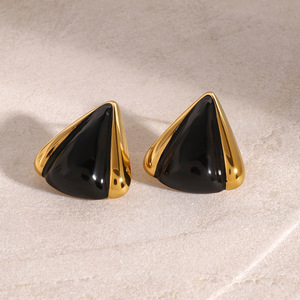 <b>Black</b> Triangular <b>Stud</b> <b>Earrings</b> 18k Gold Plated Stainless Steel Geometric Design Fashion Jewelry For Women - Product Image 4