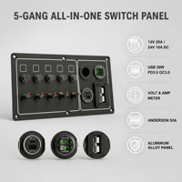 Panneau de commutation 5 voies 12V/24V avec fusibles, USB 30W PD3.0 QC3.0, voltmètre, prise CC et connecteur Anderson DAMAVO pour bateau, camping-car, camion