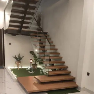 Open Riser Staircase Design With Wood Handrail Stainless Steel Railing Straight Mono Stringer Stairs