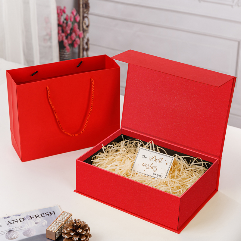 red book-shaped box + gift bag + raffia + greeting card