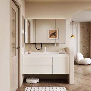 Meuble de salle de bain en bois laqué blanc, design moderne, vasque simple, meubles de salle de bain avec miroir - Product Image 2